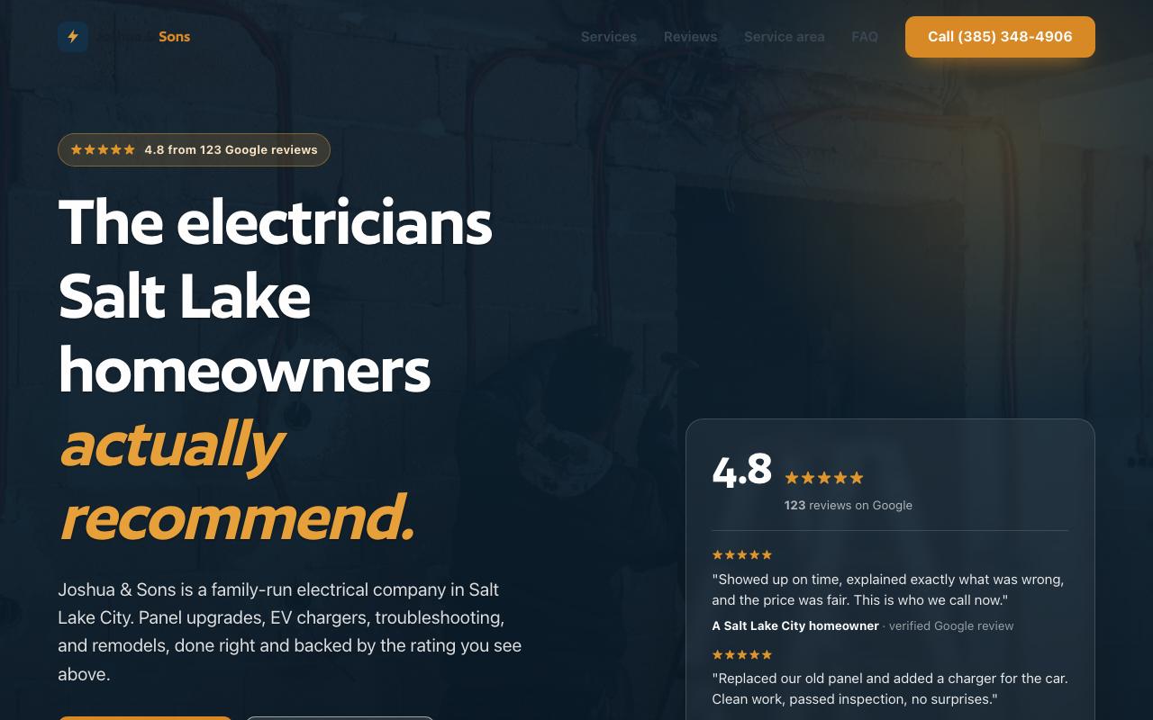 Joshua & Sons Electricians Company website design