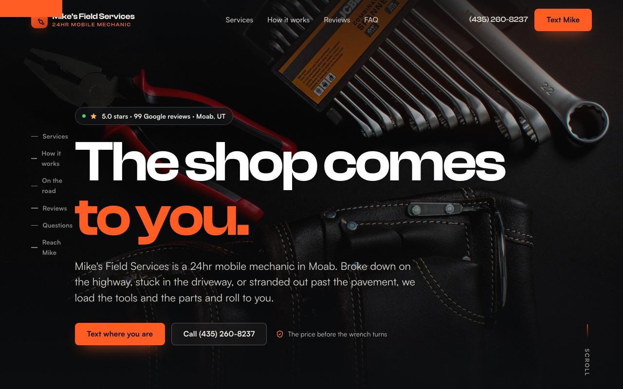 Mike's Field Services. 24hr Mobile Mechanic website design